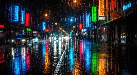 Obraz premium Vibrant neon city lights through rainy window at night