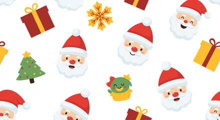 Festive Christmas pattern with Santa, presents, tree, and cute snow monster for holiday cheer and joyful seasonal designs, backgrounds, and crafts