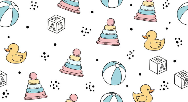 Cute seamless pattern with hand-drawn baby toys. Vector graphic illustration of a duck, ball, pyramid, and alphabet blocks for kids