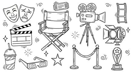 A graphic collection of hand-drawn cinema and film industry elements in a doodle sketch style © imran