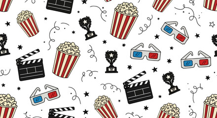 Cinema-themed seamless pattern featuring popcorn, 3D glasses, film clapperboards, and awards, perfect for movie night decorations and event invitations