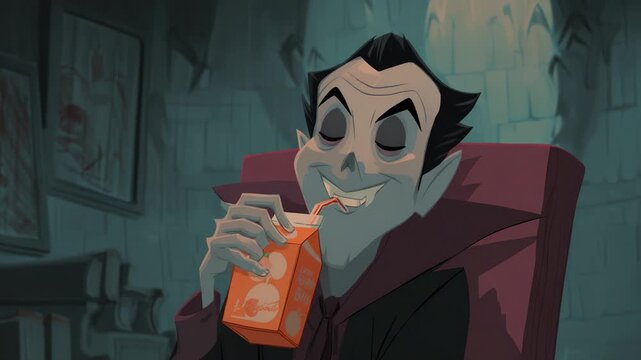A cheerful vampire sipping orange juice in a dimly lit castle, showcasing a playful twist on classic gothic imagery with a humorous expression.