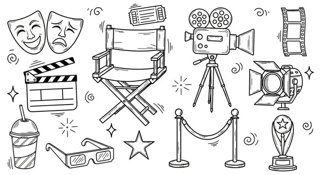 A graphic collection of hand-drawn cinema and film industry elements in a doodle sketch style
