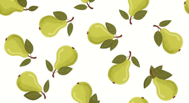 Seamless pattern featuring fresh green pears with delicate leaves scattered across a clean white background, perfect for vibrant food designs, textile prints, or healthy lifestyle themes