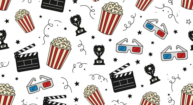 Cinema-themed seamless pattern featuring popcorn, 3D glasses, film clapperboards, and awards, perfect for movie night decorations and event invitations