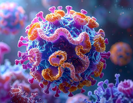 Microscopic representation of a viral particle with spike proteins