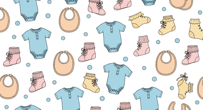Soft seamless pattern with adorable baby essentials like blue bodysuits, pink booties, yellow socks, and beige bibs, ideal for nursery decor, baby shower invites, and children's textile designs