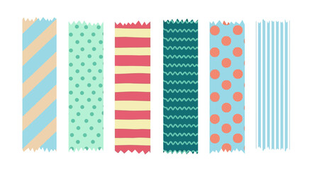 A collection of colorful and patterned washi tape strips, ideal for crafting and scrapbooking projects