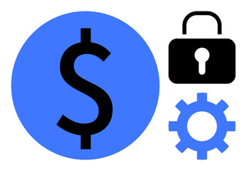 Dollar icon represents finance, lock depicts security, gear symbolizes settings or strategy. Ideal for banking, savings, cybersecurity, insurance, economic planning, fintech simple flat metaphor