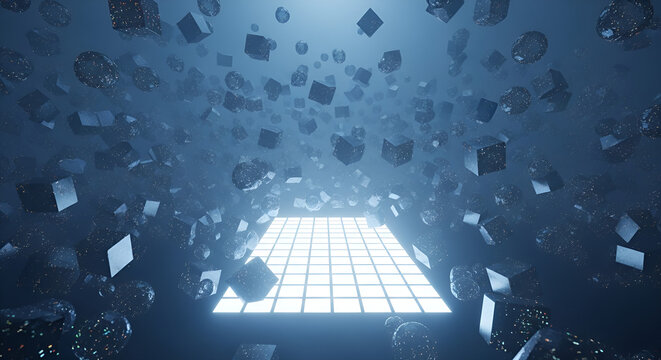 Floating dark geometric cubes and spheres above a glowing futuristic light grid.