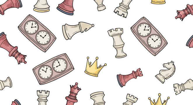 Hand-drawn seamless pattern background featuring various cartoon chess pieces, a crown, and a chess clock, illustrating a strategy board game concept