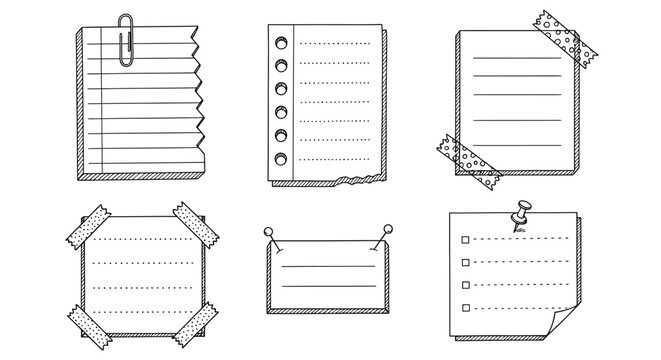 Collection of Hand-Drawn Paper Notes Blank Pages, Notebooks, Reminders & Sticky Notes Set