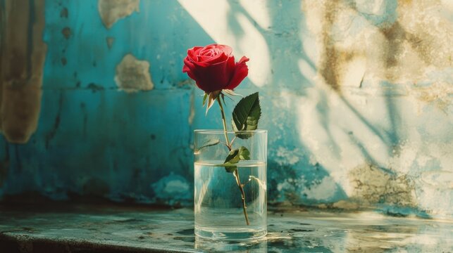 Single red rose in glass vase against blue wall.