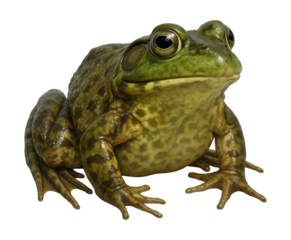 Mottled green and brown bullfrog with a noticeable eardrum.