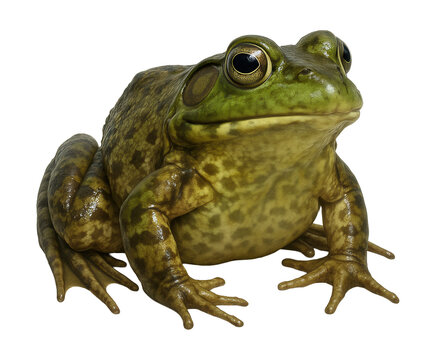 Mottled green and brown bullfrog with a noticeable eardrum.