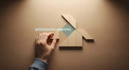 Hand completing a wooden tangram puzzle with glowing code text overlay