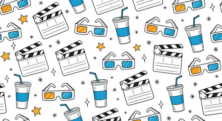 Hand-drawn cinema objects in a seamless pattern. Movie entertainment background with film clapper, 3D glasses, and soda drink doodles