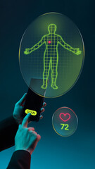Modern artwork. Smartphone scanning human body hologram with health data and heart rate display....