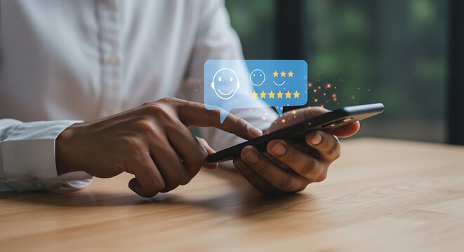 User pressing smartphone screen to leave five-star review, symbolizing customer experience, satisfaction survey, and feedback in digital business service