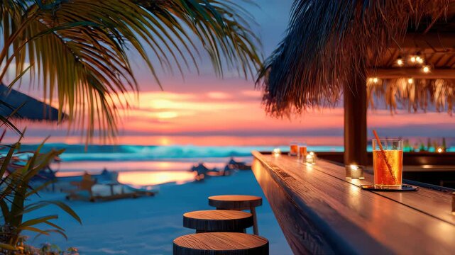 Beach bar with palm trees and cocktail glasses at sunset, evoking tropical relaxation, luxury travel, and summer vacation mood
