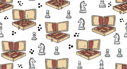 Hand-drawn seamless pattern featuring classic wooden chess pieces like knights and pawns, alongside opened portable chessboards, creating an elegant and playful repetitive background for strategy 