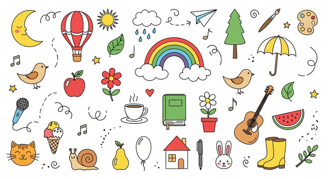 A vibrant collection of cute, hand-drawn doodle icons. Set of various graphic elements including animals, nature, and everyday objects