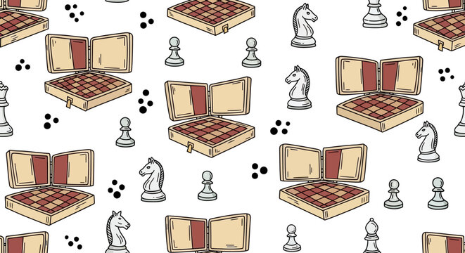 Hand-drawn seamless pattern featuring classic wooden chess pieces like knights and pawns, alongside opened portable chessboards, creating an elegant and playful repetitive background for strategy 