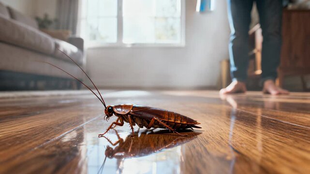 Man spraying insecticide on a cockroach crawling across a wooden floor during pest control at home.
