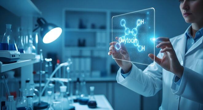 Scientist in lab coat interacting with futuristic digital molecular model of oxytocin in lab