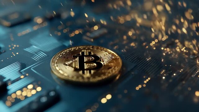 Bitcoin, cryptocurrency, coin, and digital currency are represented by a gleaming coin with blockchain design on a circuit board. Finance, technology, and investment unite in shimmering gold light.