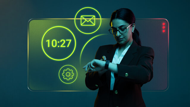 Creative collage. Businesswoman checking smartwatch with digital notification interface projection. Concept of IT innovation, productivity tracking, UX system design, business automation.