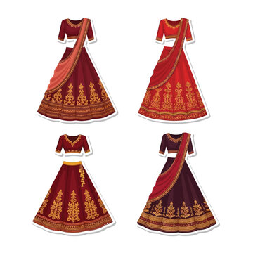 Four traditional Indian lehenga choli outfits in various shades of red and maroon with intricate gold embroidery, perfect for cultural events and weddings.