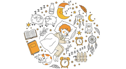 Obraz premium Dreamy Bedtime Icons Sleepy Boy Surrounded by Stars and Sheep
