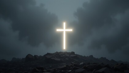 Illuminated Cross on Mountain Peak in Dark Cloudy Sky Spiritual Religious Scene