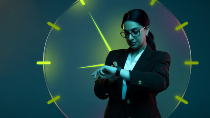 Collage art. Businesswoman checking smartwatch under digital clock interface projection. Concept of workflow efficiency, time optimization, corporate systems, productivity management.