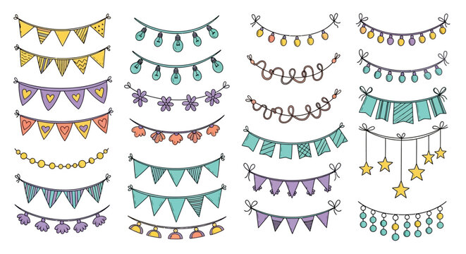 Festive Decorative Banners and Garlands Doodles Illustration Set