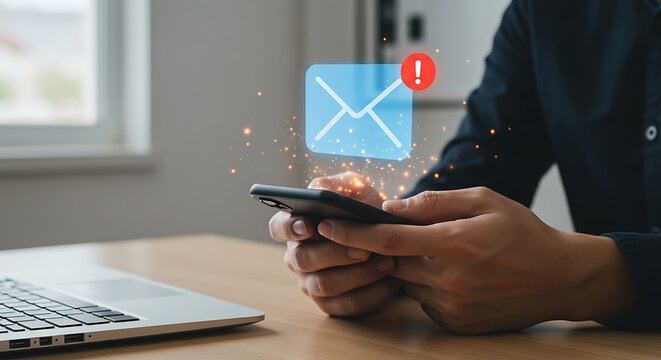 Digital communication concept showing man receiving new email notification on mobile phone near laptop in workspace