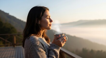 serene woman with closed eyes enjoys steaming mug on balcony at sunrise. peaceful mountain landscape with fog in background. well-being and slow living concept. banner, website header with copyspace.