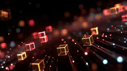 Illuminated data streams intertwined with suspended cubes creating a futuristic atmosphere