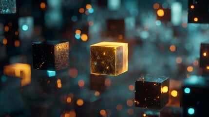 Illuminated data streams intertwined with floating cubes creating a futuristic visual experience