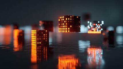 Illuminated data streams flowing alongside suspended cubes in a futuristic digital landscape