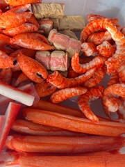 sausage on a market, vegetable, food, red, fish, pink, market, stack, white