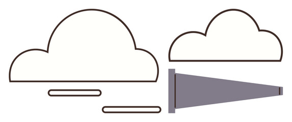 Stylized clouds accompanied by a telescope aligned for observation. Ideal for exploration, discovery, vision, future planning, creativity, innovation, observation, simple flat metaphor