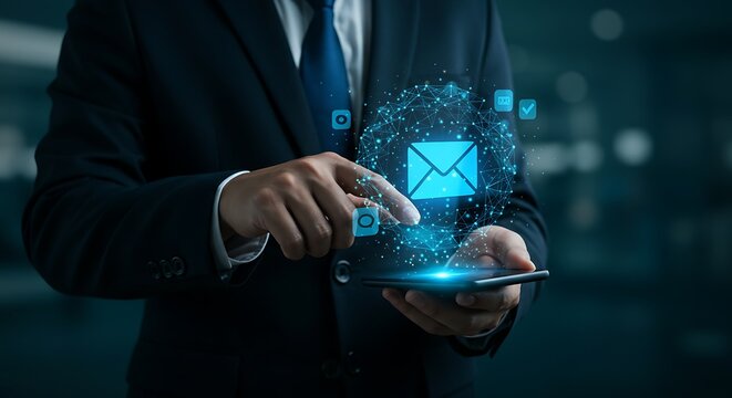 Businessman touching a futuristic email icon hologram on a smartphone. Concept of business communication, email marketing, and digital networking