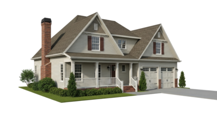 Charming two story house with garage and chimney transparent background cutout png