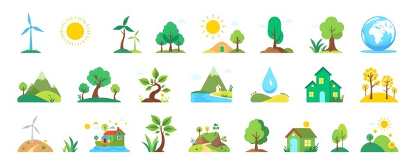 Fototapeta premium A Collection of Various Environment icons, illustrating nature elements. A visual representation of environmental sustainability and ecological balance