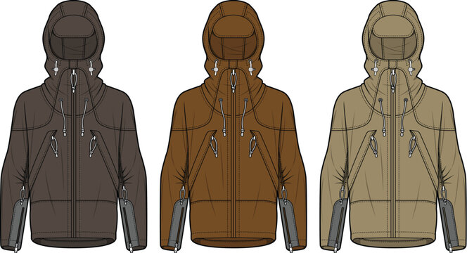 Men's outdoor performance softshell jacket with a hood shown in multiple colorways. Vector fashion design technical flat sketch template
