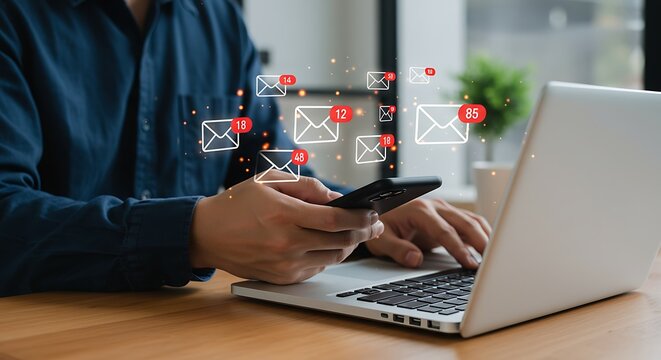 Office worker managing multiple email alerts on phone and laptop, illustrating business communication, technology, and information overload