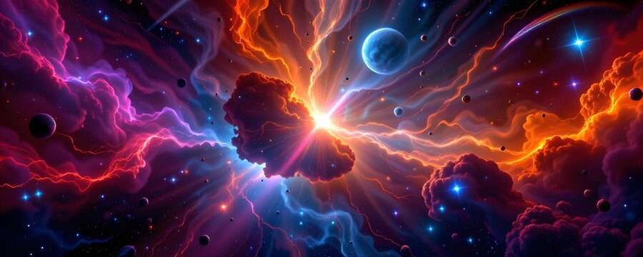 A vibrant nebula showcasing a captivating display of cosmic colors, with planets and stars scattered across the vast expanse. The image radiates an atmosphere of wonder and the beauty of the cosmos
