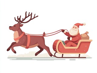 Christmas Reindeer Pulling Sleigh With Santa Claus Clip Art, Flat Vector Illustration.